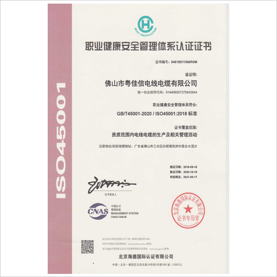 職業(yè)健康安全管理體系認(rèn)證證書